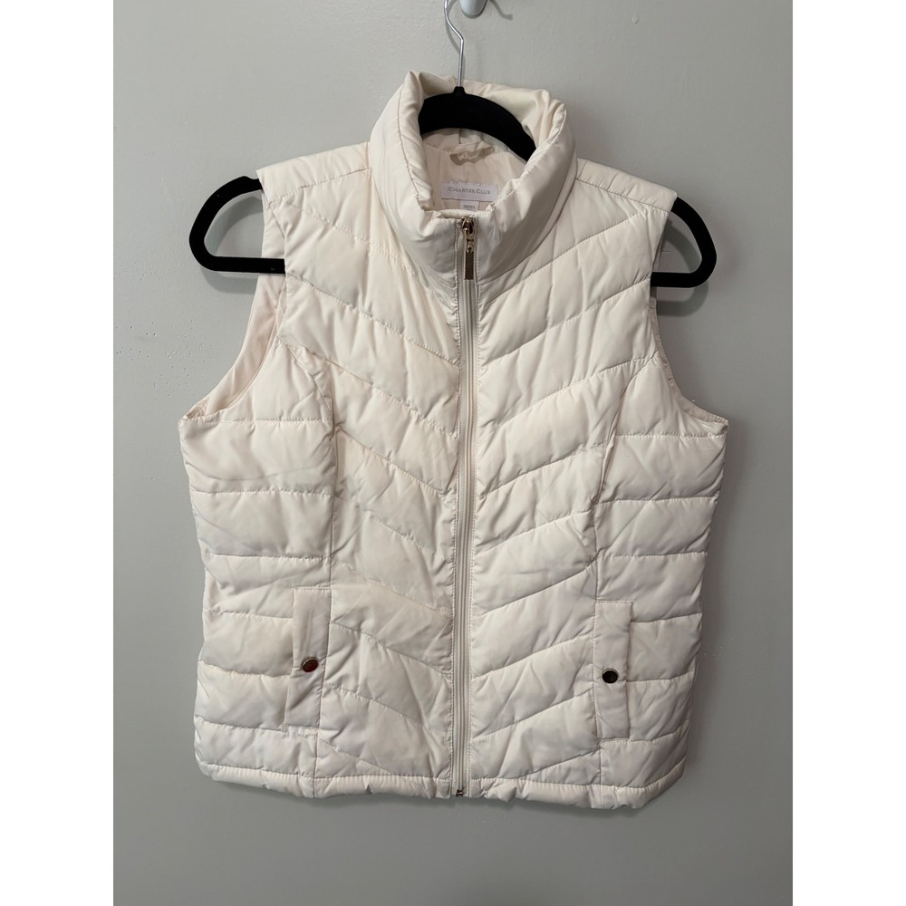 Charter Club Womens Small Cream Off White Quilted Puffer Vest Full Zip